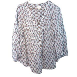 J Jill Women's Size Large Shirt Light Blue Paisley Button Blouse V Neck Pleated